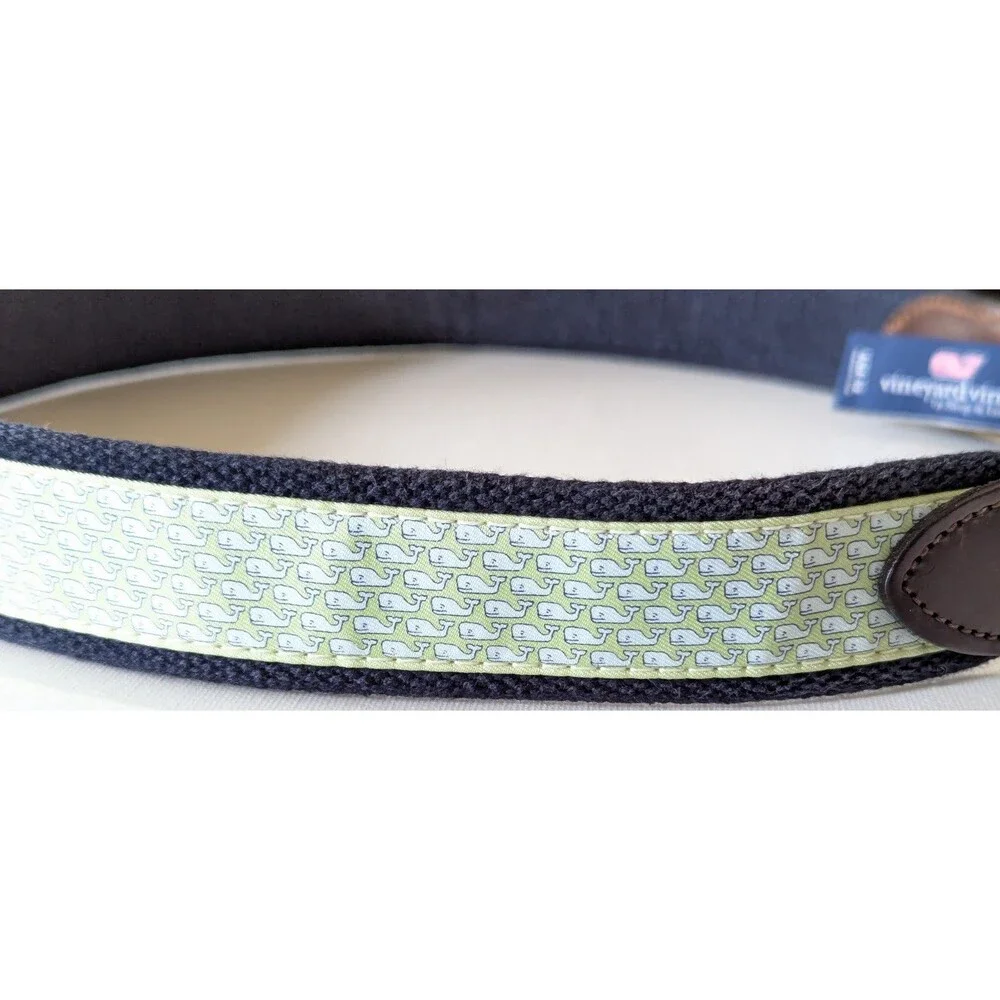 Vineyard Vines Men’s 32 Light Green Whale Print Blue Belt Brown Leather Brass